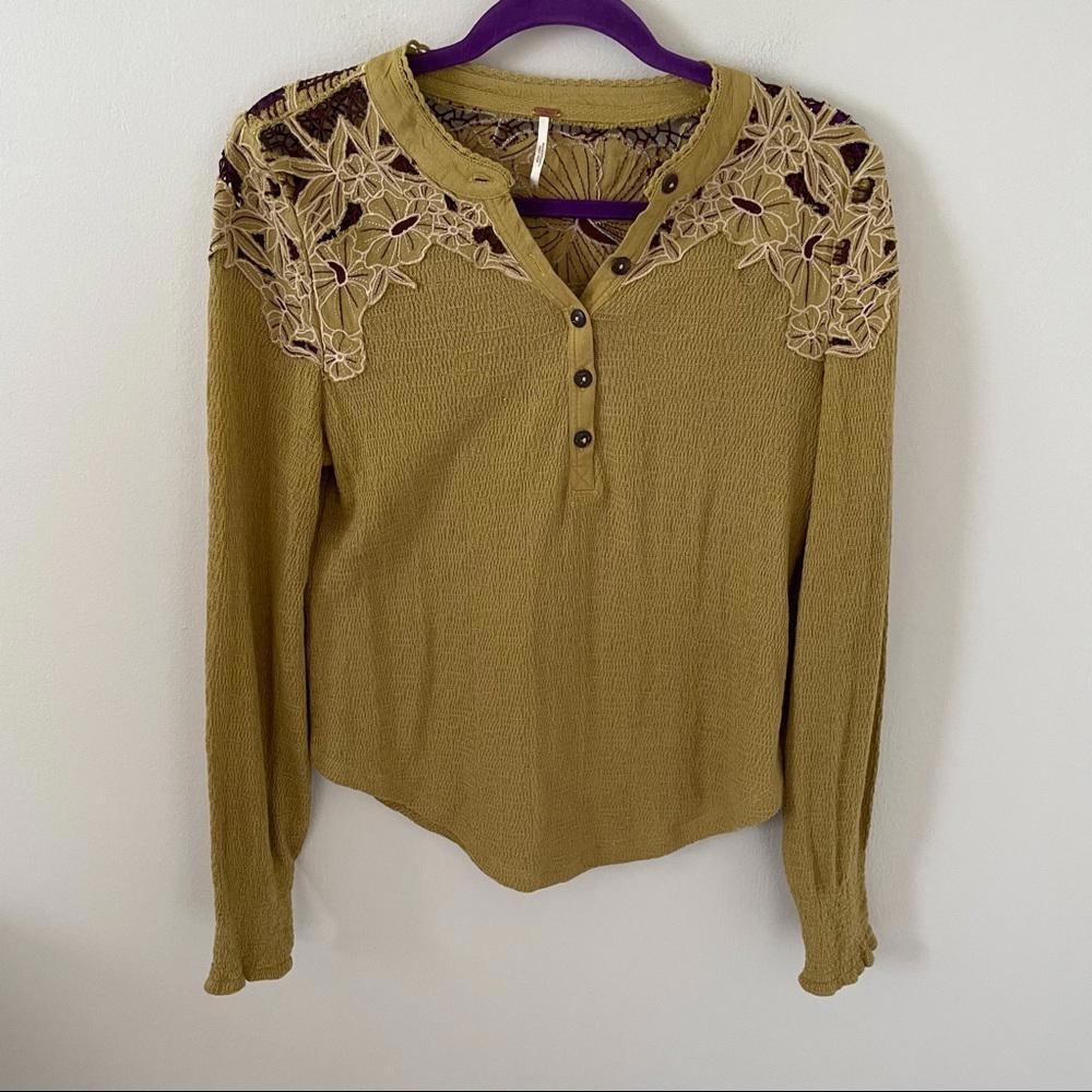 Free People Easy Breezy Henley Floral Applique Embroidery Thermal